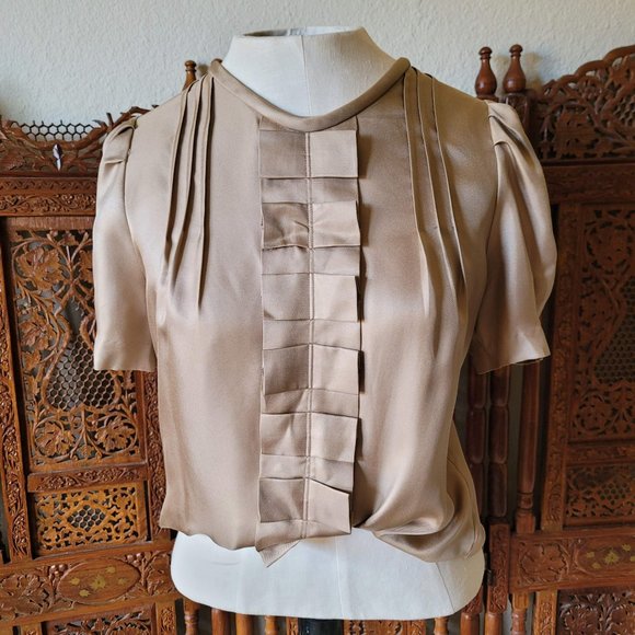 Banana Republic Ruffled Taupe Beige Silk Blouse - Picture 5 of 11